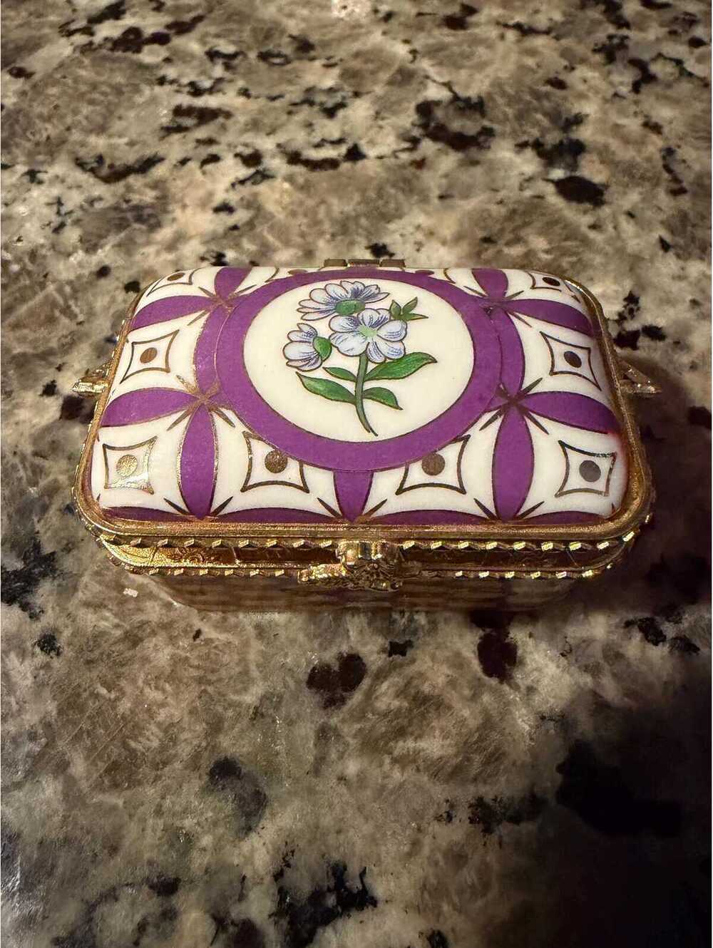 hand-painted Limoges porcelain miniature purse trinket box with gilt brass mount